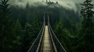 ai generado generativo ai, copa del árbol embarque puente en brumoso abeto bosque hermosa paisaje en hipster Clásico retro estilo, brumoso montañas y arboles foto