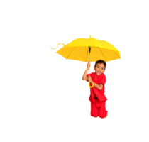 Garoto moda uma estilo chinês camisa segurando uma amarelo guarda-chuva poses para uma foto atirar. png