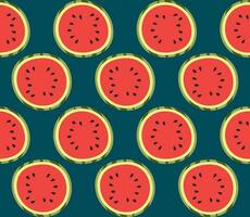 Seamless pattern with watermelons, half of watermelon on a dark background. Fruity summer pattern. Vector illustration