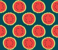 Seamless pattern with watermelons, half of watermelon on a dark background. Fruity summer pattern. Vector illustration