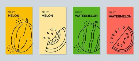 Bright banners with summer fruits - watermelon and melons. Pieces of watermelon and melon. Vector illustration