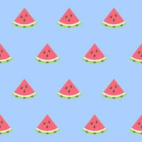 Seamless symmetric pattern with pieces of watermelon on a blue background. Fruity summer pattern. Vector illustration