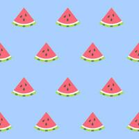 Seamless symmetric pattern with pieces of watermelon on a blue background. Fruity summer pattern. Vector illustration