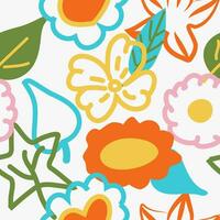 Seamless color bright pattern of leaves and flowers. Contour and filled elements. Children's drawing, doodle style vector