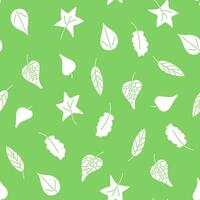 Seamless pattern of white silhouettes of leaves on a green background. Summer Pattern vector