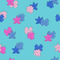 Seamless pattern of doodle flowers on a blue background. Scattered pink and blue flowers vector