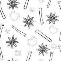 Seamless pattern of cinnamon sticks, star anise and cinnamon powder. Black and white sketch vector