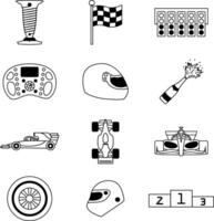 A set of contour icons on the theme of racing. Different types of cars, helmets and track elements. Vector illustration