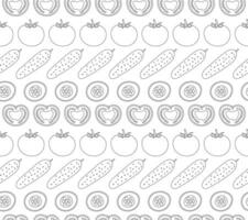 Seamless pattern of contour vegetables - tomatoes and cucumbers. Tomato halves and cucumber pieces. Vector illustration