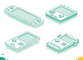 isométrica portátil Mano retro juego de azar consola con botones. colección de elementos. contorno concepto. objeto aislado en blanco antecedentes. vector