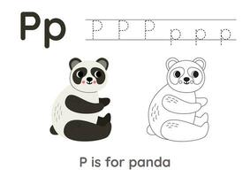 Tracing alphabet letters with cute animals. Color cute panda. Trace letter P. vector