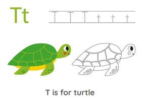 Tracing alphabet letters with cute animals. Color cute green turtle. Trace letter T. vector