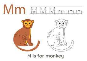 Tracing alphabet letters with cute animals. Color cute monkey. Trace letter M. vector