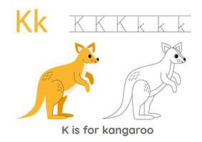 Tracing alphabet letters with cute animals. Color cute kangaroo. Trace letter K. vector