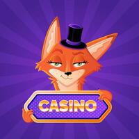 A fox mascot for a casino holds a sign against a background of rays vector