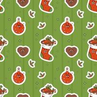 Groovy Christmas seamless pattern. Retro cartoon character Xmas boot with gifts, ball toy and gingerbread heart on green background. Happy New year background. vector illustration