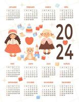 niños anual calendario 2024 linda niños juguetes, niña muñeca, felpa juguetes en dibujos animados estilo en blanco antecedentes. vector vertical modelo 12 meses en inglés. semana en domingo. papelería, imprimir, organizador.