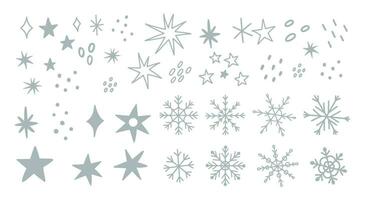 Set of snowflakes and stars in doodle style. Winter elements in hand drawn style vector