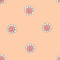 Seamless fun children pattern with smiling flower. Retro style with stroke vector