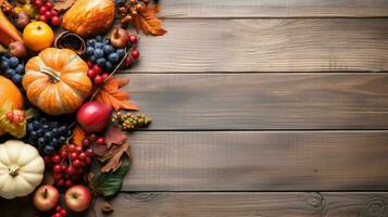 Top view of a set of pumpkins, berries, grapes and apples on a wooden table with copy space. AI Generated. photo