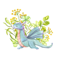 Orange dragon practicing fitness exercises among herbs. Blooming yellow flowers, green young plants. Animal standing in triangle pose. Yoga. Watercolor illustration for yoga center, spa, label png