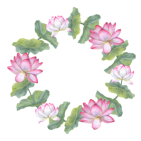 krans med blomning rosa vit lotus, löv. vatten lilja. indisk lotus, grön blad, helig lotus. vattenfärg illustration. Plats för text. hand dragen sammansättning för affisch, kort, hälsning png