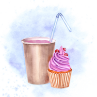 Muffin decorated with pink cream, red berries. Paper cup with drink and straw. Composition on watercolor color background. Baked cake, cranberry. Sweet dessert, coffee. Watercolor illustration. png