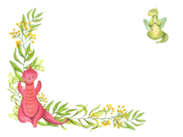 Rahmen mit von stilvoll Rot, Grün Drachen im verschiedene posiert von Yoga. Tier Meditation. Blühen Gelb Blumen, jung Pflanzen. Drachen üben Fitness Übungen. Aquarell Illustration png