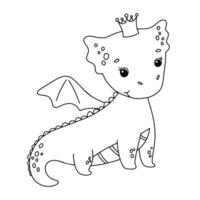 Cute dragon with crown isolated on white background. Outline vector cartoon character for coloring page. Childish line illustration