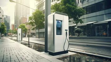 AI generated Generative AI, EV charging station, modern fast electric vehicle chargers, healthy environment concept photo