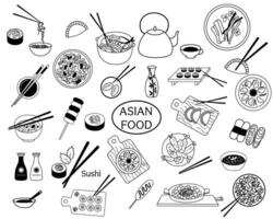 Doodle set of Asian food. Chinese dumplings, sushi with chopsticks and miso soup. Outline and glyph soy sauce in bottle isolated on white vector