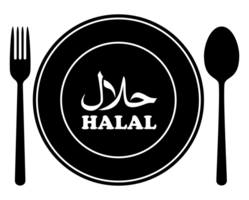halal ikon symbol på de tallrik, gaffel och sked för islamic mat och dryck, kan använda sig av för logotyp gram, hemsida, baner, kulinariska affisch, klistermärke, mat och dryck meny design, restaurang reklam. png