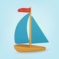 3d toy boat. Realistic render on blue background. Vector illustration.