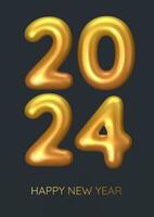 Happy New Year 2024. Realistic golden 3d numbers on black background. Christmas decoration. Vector illustration