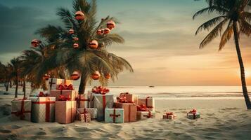 ai generado generativo ai, Navidad en el playa. regalos, Navidad árbol, palmera, Oceano y sillas. vacaciones concepto foto