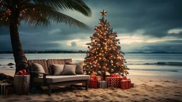 AI generated Generative AI, Christmas on the beach. Gifts, Christmas tree, palm, ocean and chairs. Vacation concept photo