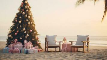 ai generado generativo ai, Navidad en el playa. regalos, Navidad árbol, palmera, Oceano y sillas. vacaciones concepto foto