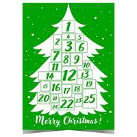 Advent calendar for Christmas to count the days until Christmas Eve to get presents from Santa Claus. Advent calendar with white Christmas tree and dates from 1 to 25 December on green background. vector