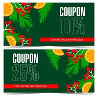 Discount coupon for Christmas shopping season with holiday decoration elements and price reduction percent indicated. Can be used as sale and special offer ticket, talon, gift voucher or certificate. vector