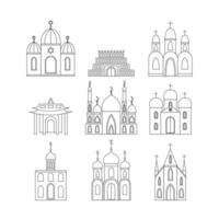 Religious buildings set line art. Vector set of different relirious temples.