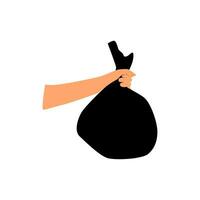 Hand holding black plastic trash bag. vector
