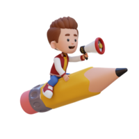 3D kid character riding a pencil and holding megaphone png