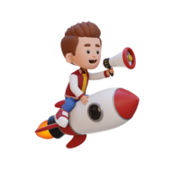 3D kid character riding a rocket and holding megaphone png