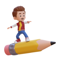 3D kid character standing riding a pencil png