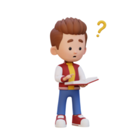 3D kid character get confused when reading a book png