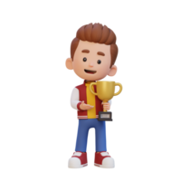 3D kid character celebrating win holding a trophy png