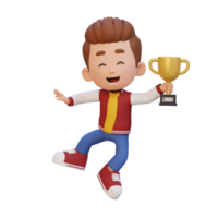 3D kid character celebrating win holding a trophy png