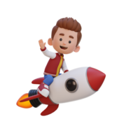 3D kid character riding a rocket and waving hand png