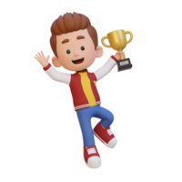 3D kid character celebrating win holding a trophy png