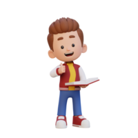 3D happy kid character reading book png